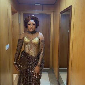 Gold and Brown hand Beaded Strapless